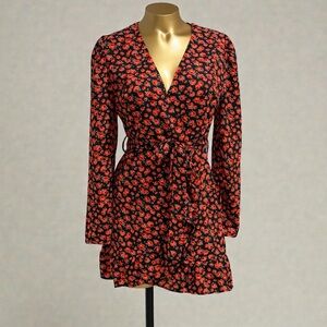 Mi Ami Francesca's Black Red Floral Long Sleeve Faux Wrap Mini Dress Size XS